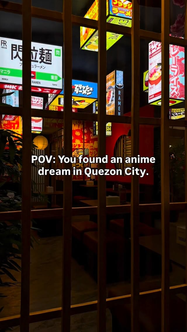 Flash Ramen interior viewed through wooden lattice at night — anime dream vibes in Quezon City
