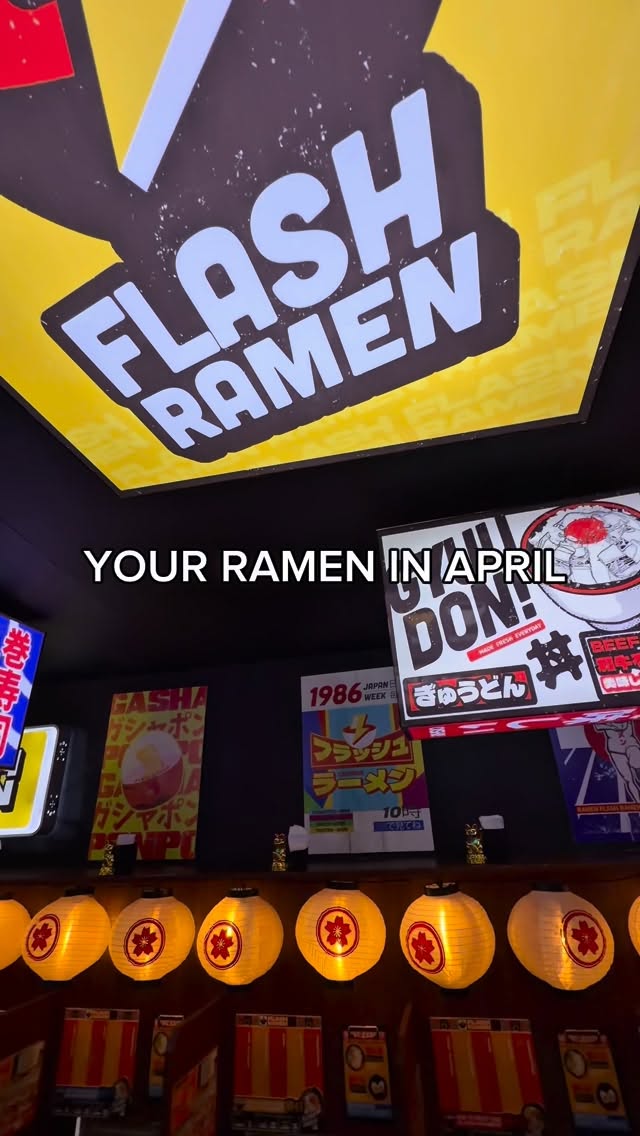 Flash Ramen interior ceiling with brand signage and Japanese lanterns